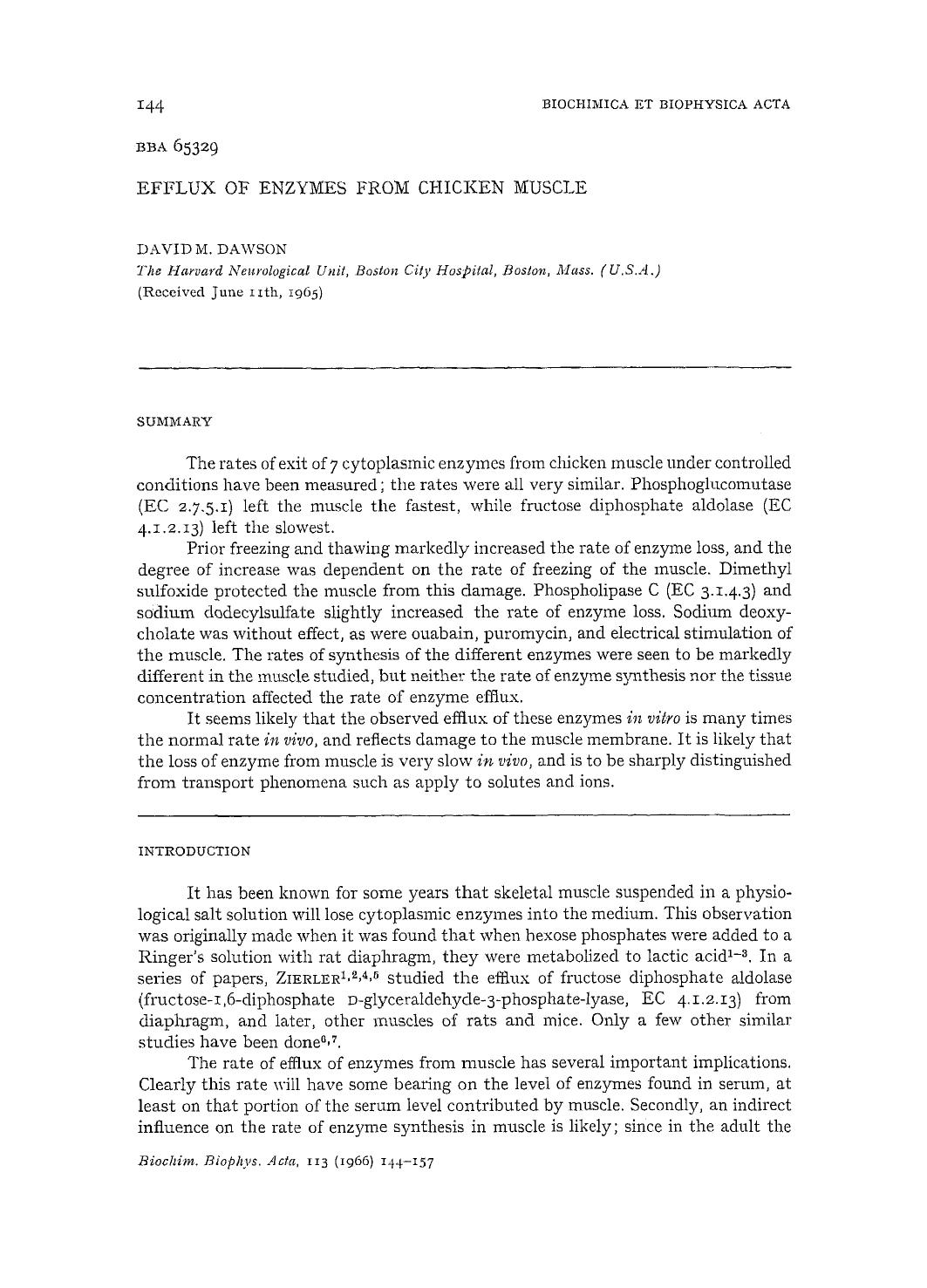 Efflux of enzymes from chicken muscle by David M. Dawson