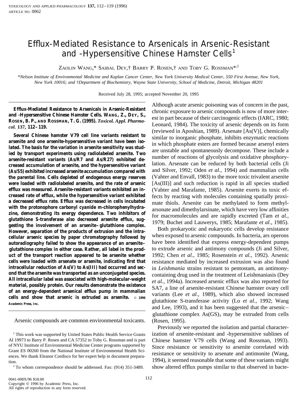 Efflux-Mediated Resistance to Arsenicals in Arsenic-Resistant and -Hypersensitive Chinese Hamster Cells by Wang Z. et al