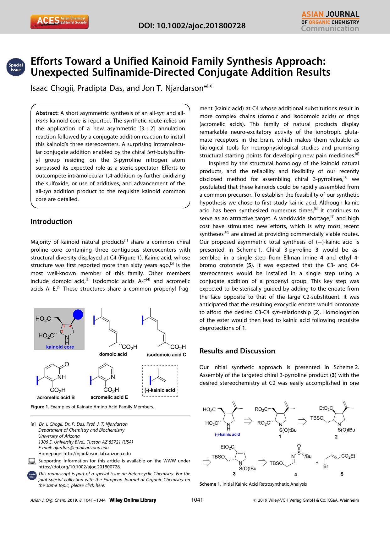 Efforts Toward a Unified Kainoid Family Synthesis Approach: Unexpected SulfinamideâDirected Conjugate Addition Results by Unknown