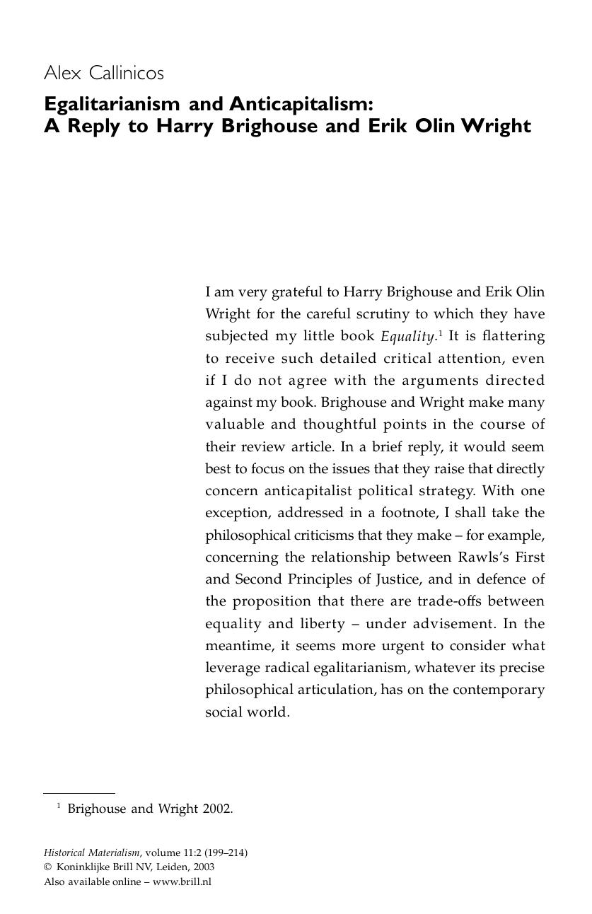 Egalitarianism and Anticapitalism: A Reply to Harry Brighouse and Erik Olin Wright by Egalitarianism & Anticapitalism. A Reply to Harry Brighouse & Erik Olin Wright