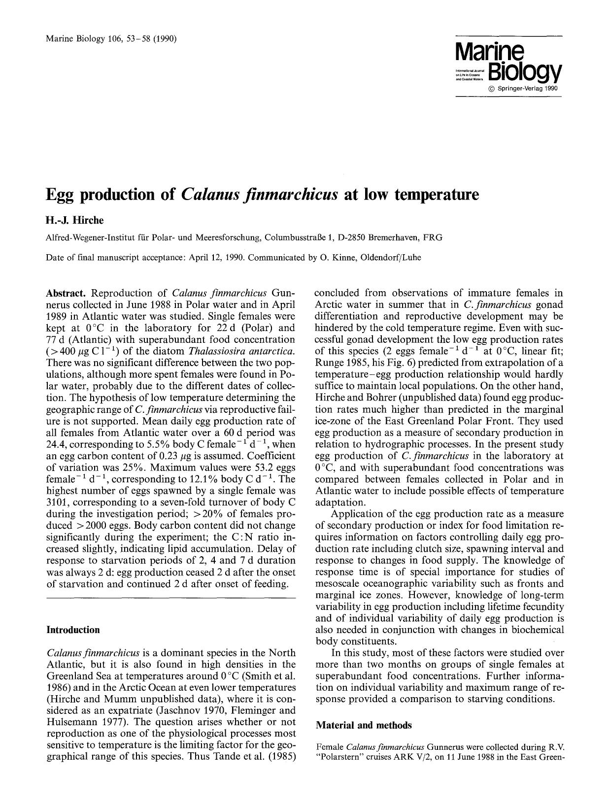 Egg production of <Emphasis Type="Italic">Calanus finmarchicus <Emphasis> at low temperature by Unknown