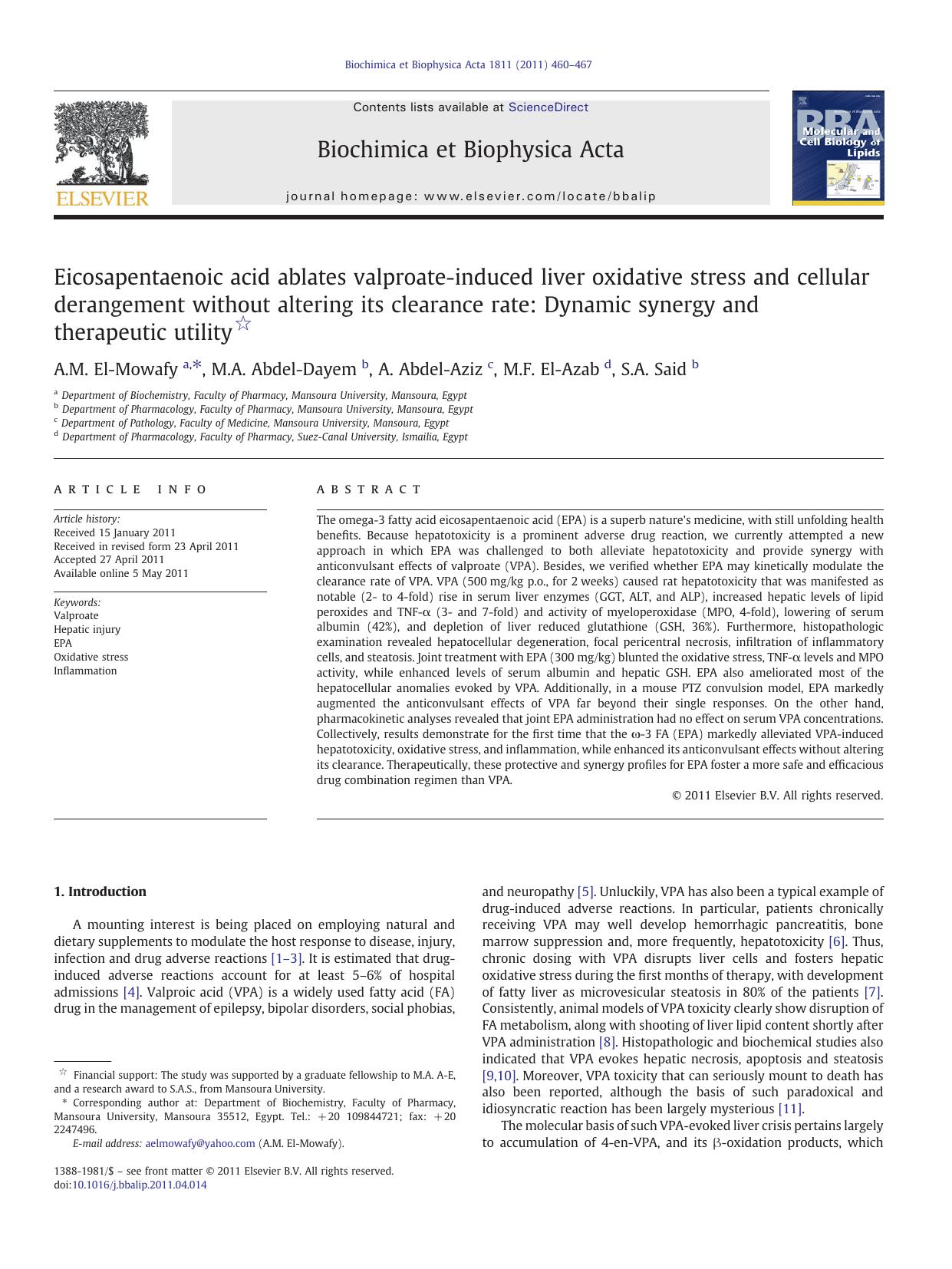 Eicosapentaenoic acid ablates valproate-induced liver oxidative stress and cellular derangement without altering its clearance rate: Dynamic synergy and therapeutic utility by A.M. El-Mowafy & M.A. Abdel-Dayem & A. Abdel-Aziz & M.F. El-Azab & S.A. Said