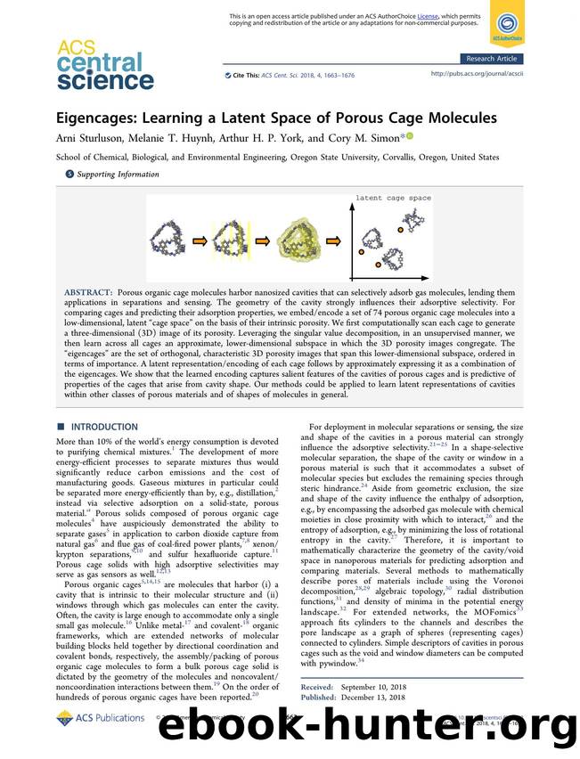 Eigencages: Learning a Latent Space of Porous Cage Molecules by Arni Sturluson & Melanie T. Huynh & Arthur H. P. York & Cory M. Simon (ORCID: 0000-0002-8181-9178)