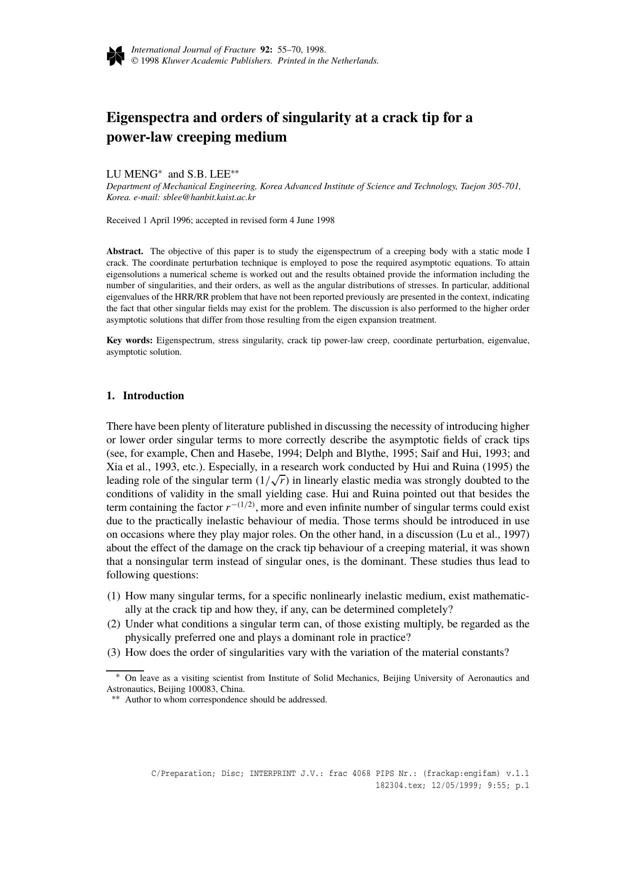 Eigenspectra and Orders of Singularity at a Crack Tip for a Power-Law Creeping Medium by Unknown