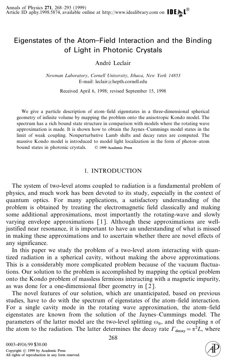 Eigenstates of the AtomâField Interaction and the Binding of Light in Photonic Crystals by Leclair A
