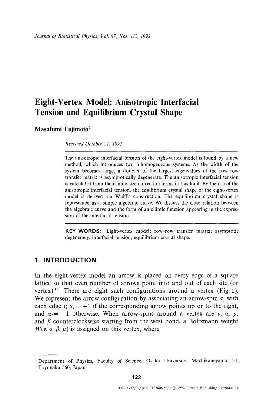 Eight-vertex model: Anisotropic interfacial tension and equilibrium crystal shape by Unknown