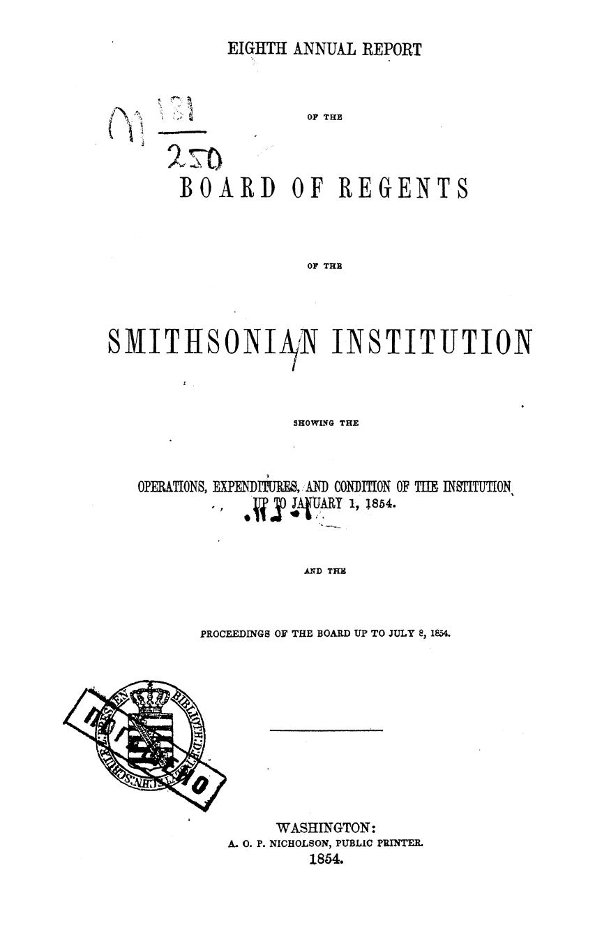 Eighth annual report of the board of regents of the smithsonian institution by 1854