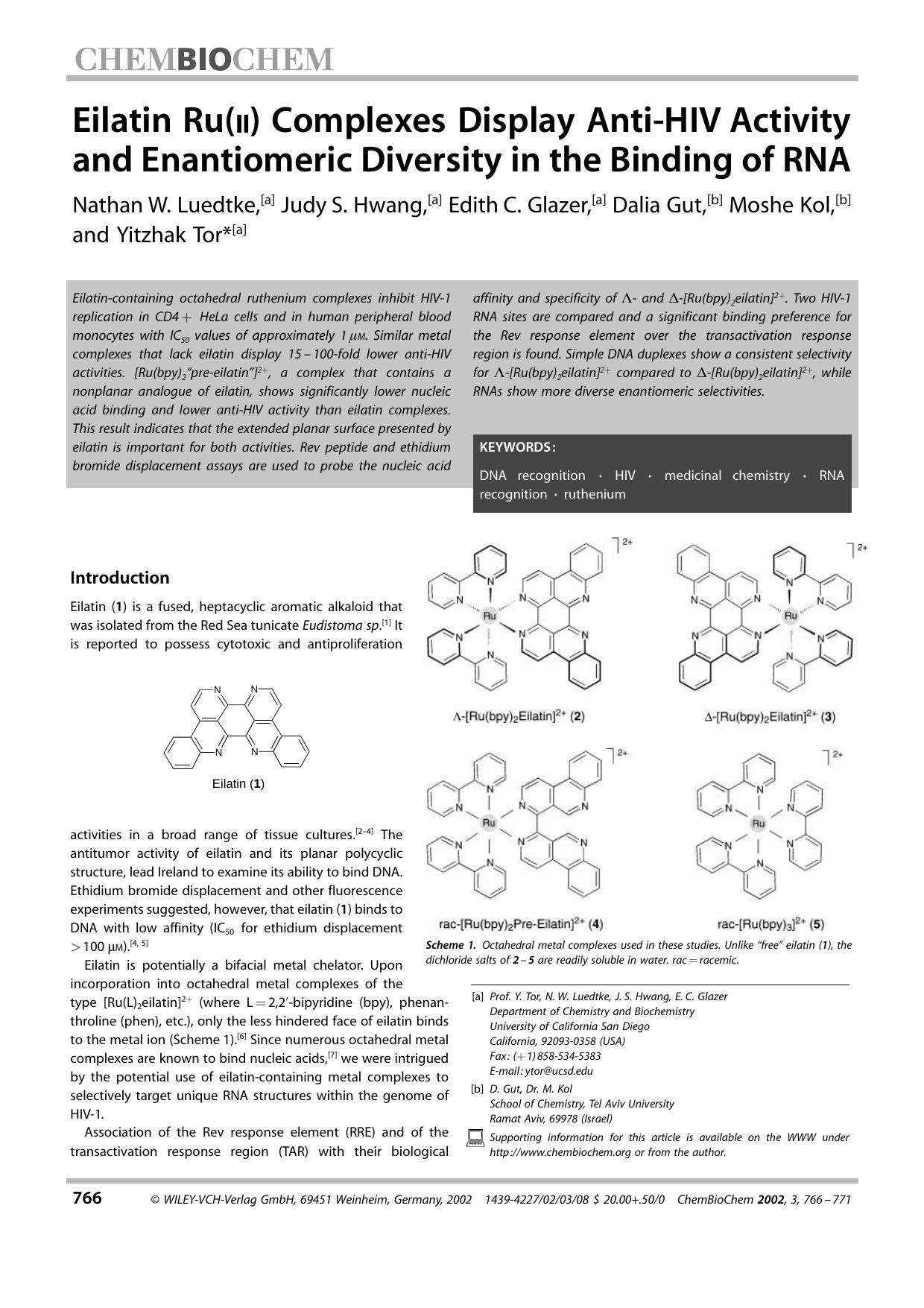 Eilatin Ru(II) Complexes Display Anti-HIV Activity and Enantiomeric Diversity in the Binding of RNA by Unknown