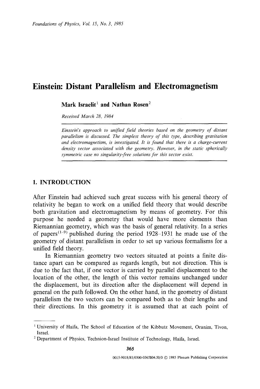 Einstein: Distant parallelism and electromagnetism by Unknown
