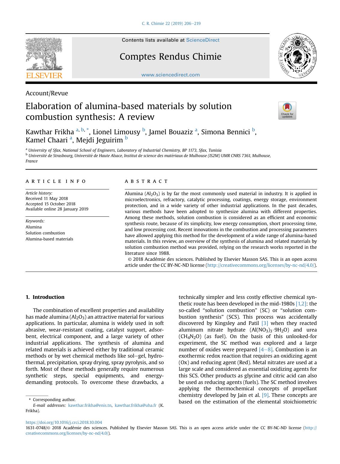 Elaboration of alumina-based materials by solution combustion synthesis: A review by Kawthar Frikha & Lionel Limousy & Jamel Bouaziz & Simona Bennici & Kamel Chaari & Mejdi Jeguirim