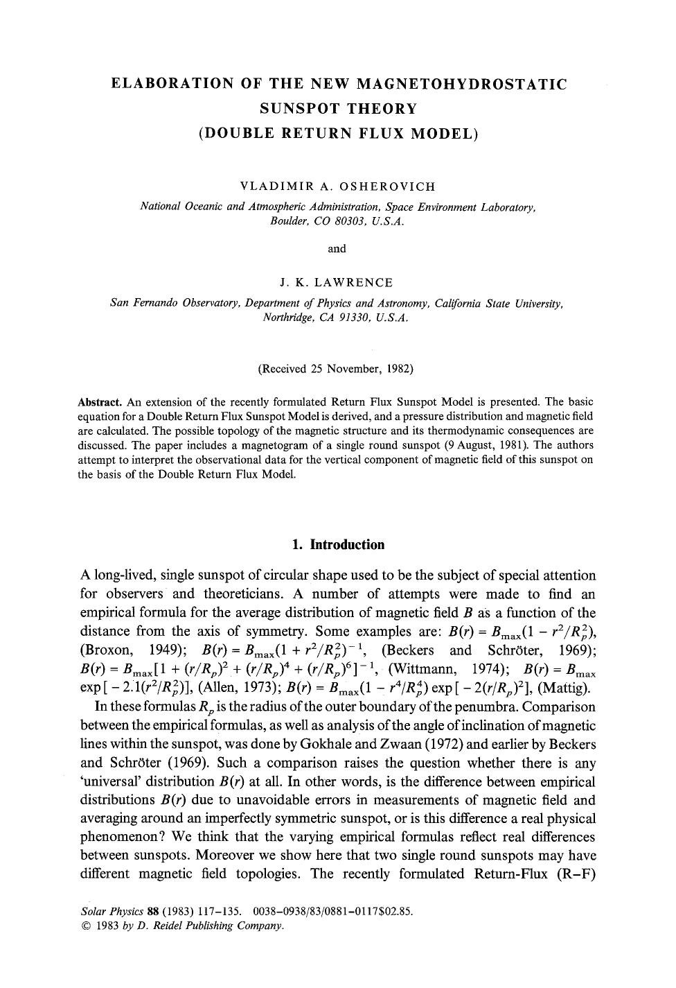 Elaboration of the new magnetohydrostatic sunspot theory (double return flux model) by Unknown