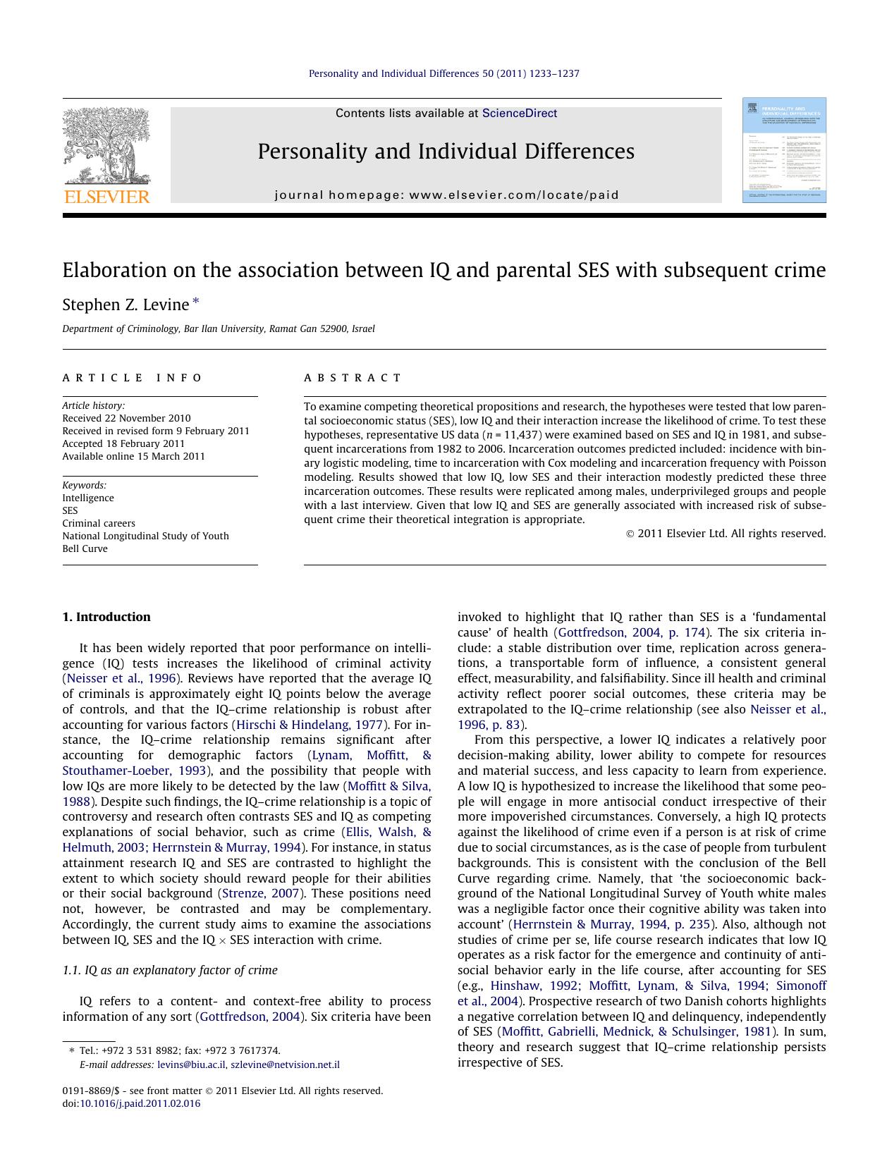 Elaboration on the association between IQ and parental SES with subsequent crime by Stephen Z. Levine