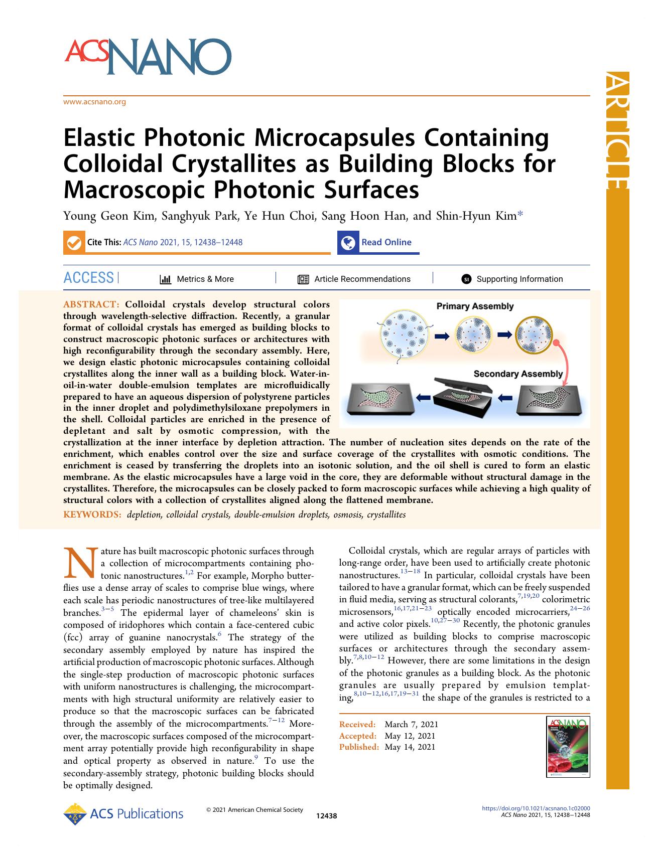 Elastic Photonic Microcapsules Containing Colloidal Crystallites as Building Blocks for Macroscopic Photonic Surfaces by Young Geon Kim Sanghyuk Park Ye Hun Choi Sang Hoon Han and Shin-Hyun Kim