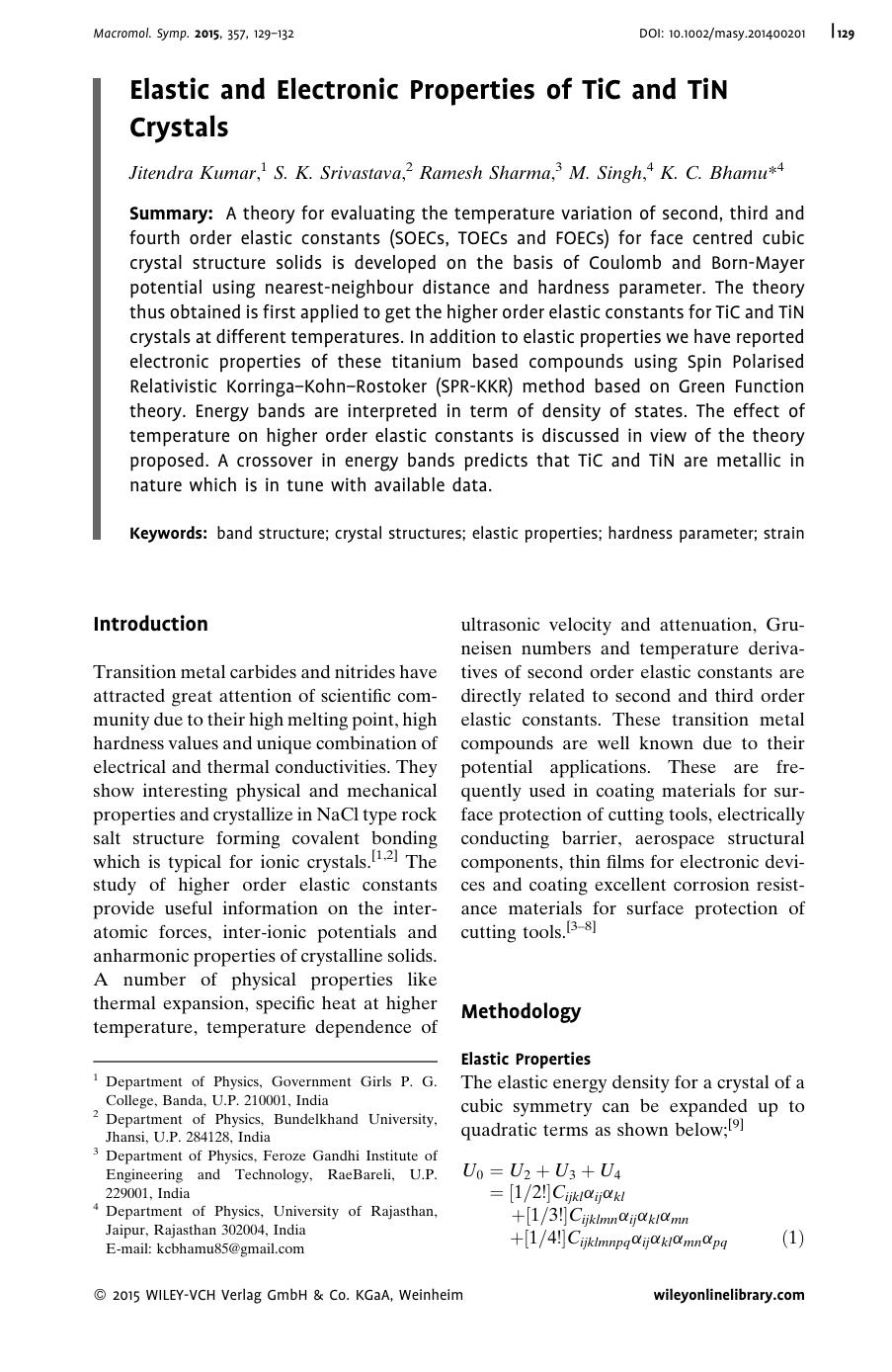 Elastic and Electronic Properties of TiC and TiN Crystals by Unknown