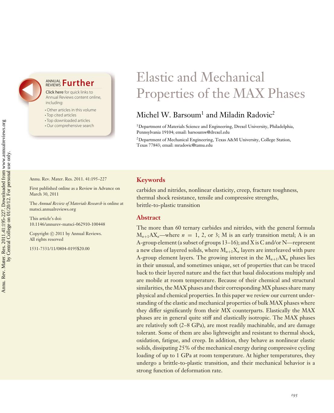 Elastic and Mechanical Properties of the MAX Phases by Michel W. Barsoum1 & Miladin Radovic2