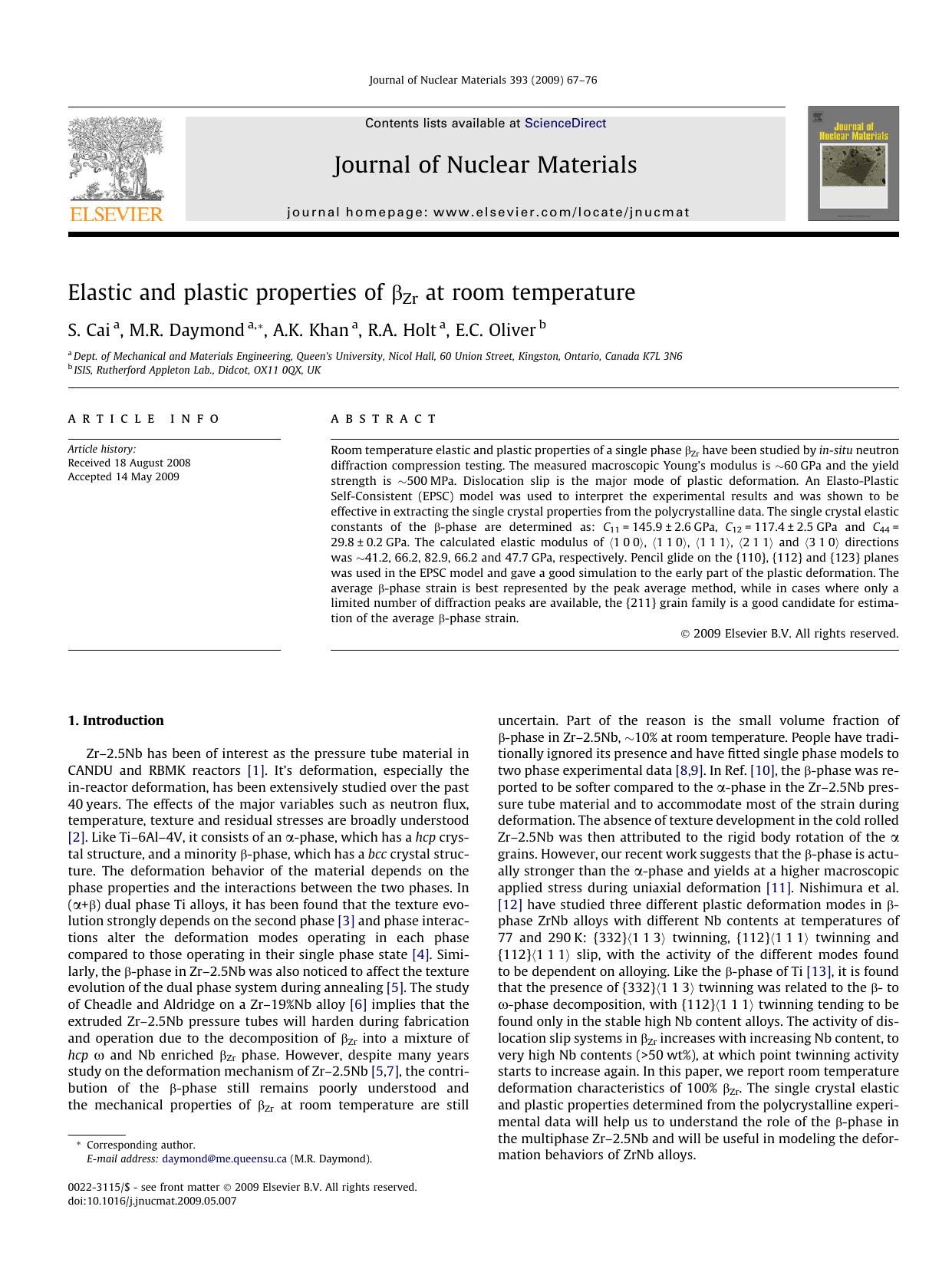 Elastic and plastic properties of Î²Zr at room temperature by S. Cai; M.R. Daymond; A.K. Khan; R.A. Holt; E.C. Oliver