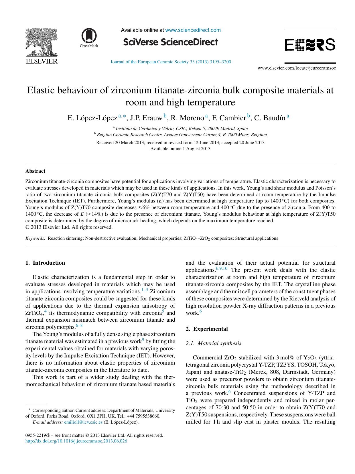 Elastic behaviour of zirconium titanate-zirconia bulk composite materials at room and high temperature by E. López-López