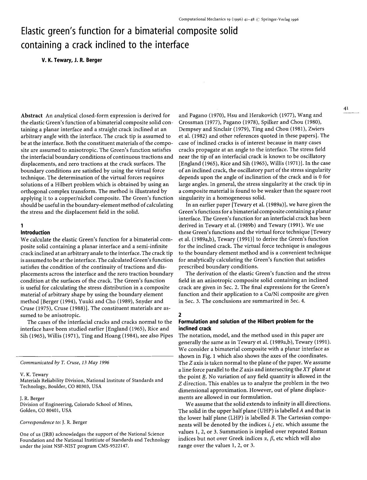 Elastic green's function for a bimaterial composite solid containing a crack inclined to the interface by Unknown