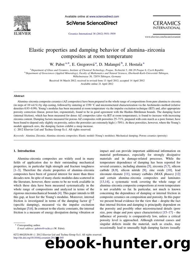 Elastic properties and damping behavior of aluminaâzirconia composites at room temperature by W. Pabst