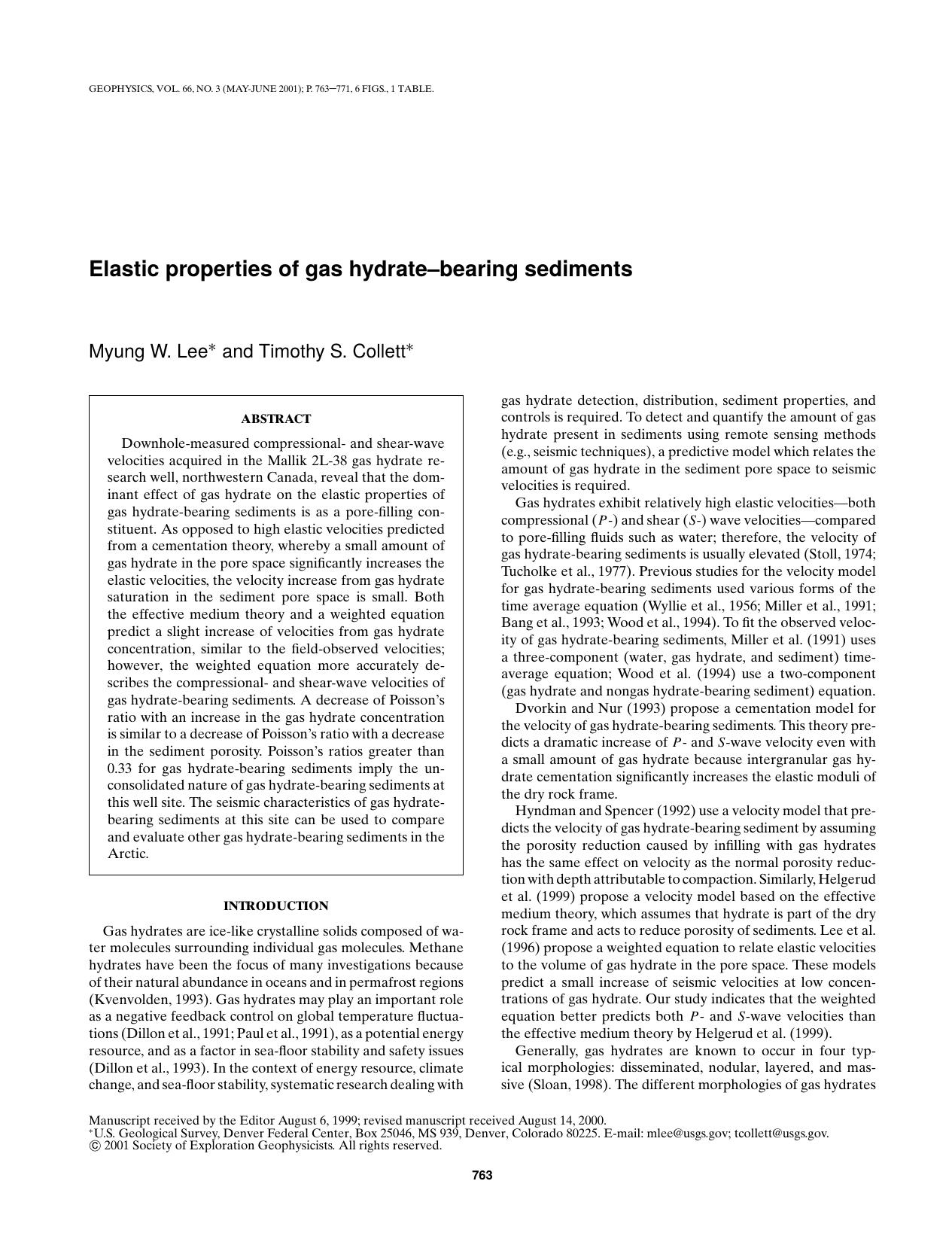 Elastic properties of gas hydrate-bearing sediments by M.W. Lee T.S. Collett