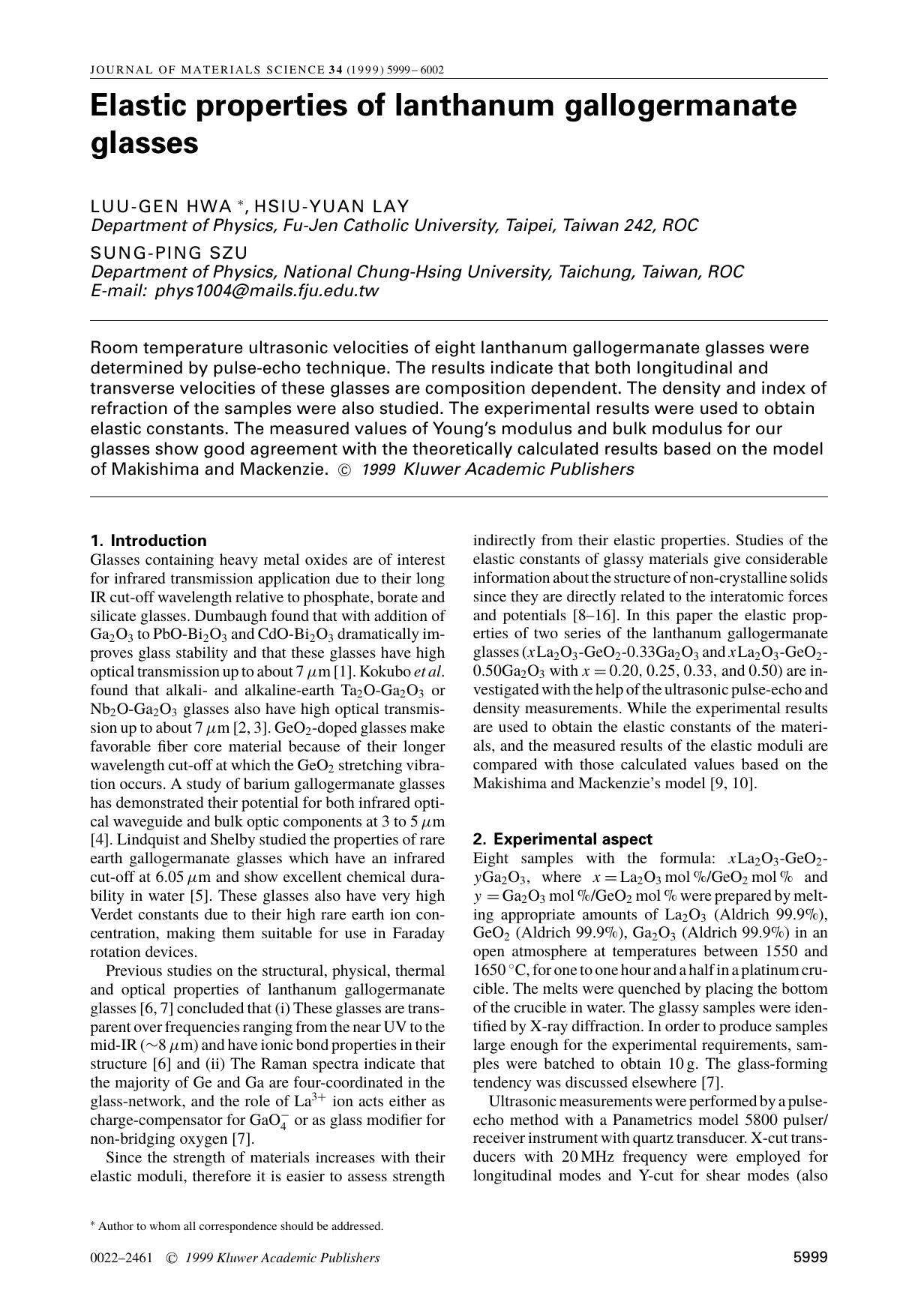 Elastic properties of lanthanum gallogermanate glasses by Unknown