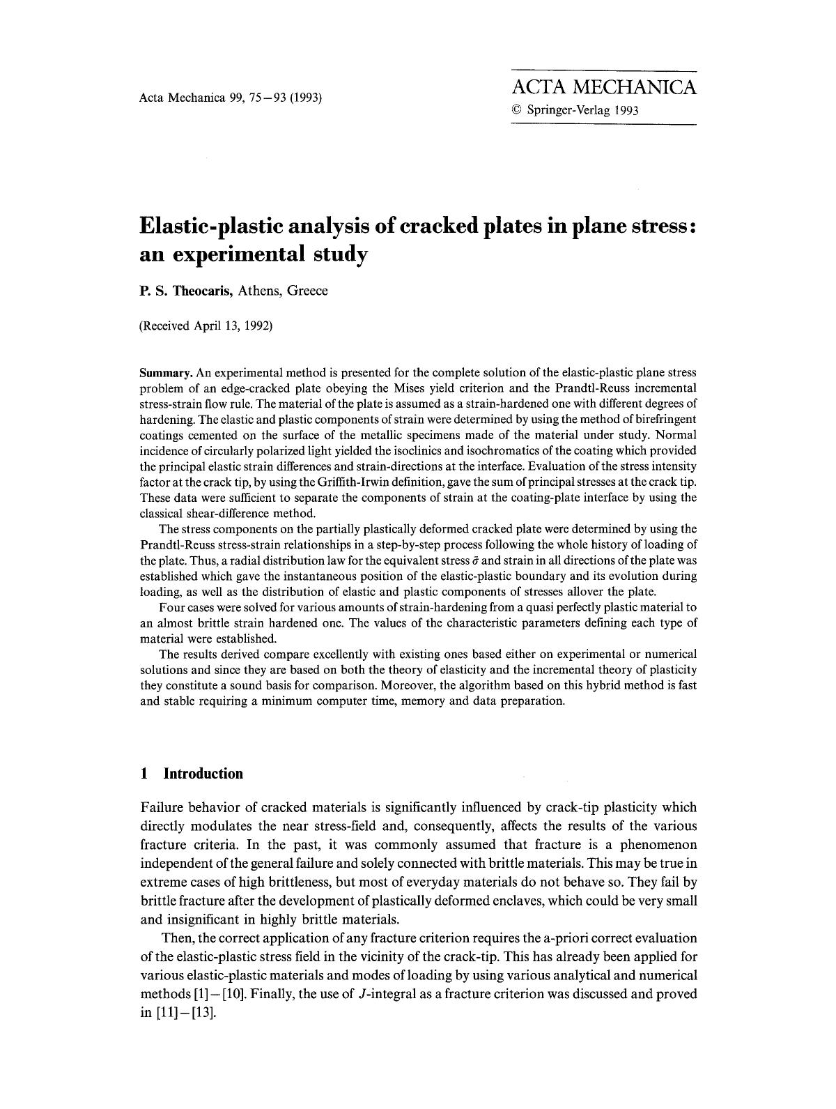 Elastic-plastic analysis of cracked plates in plane stress: An experimental study by Unknown