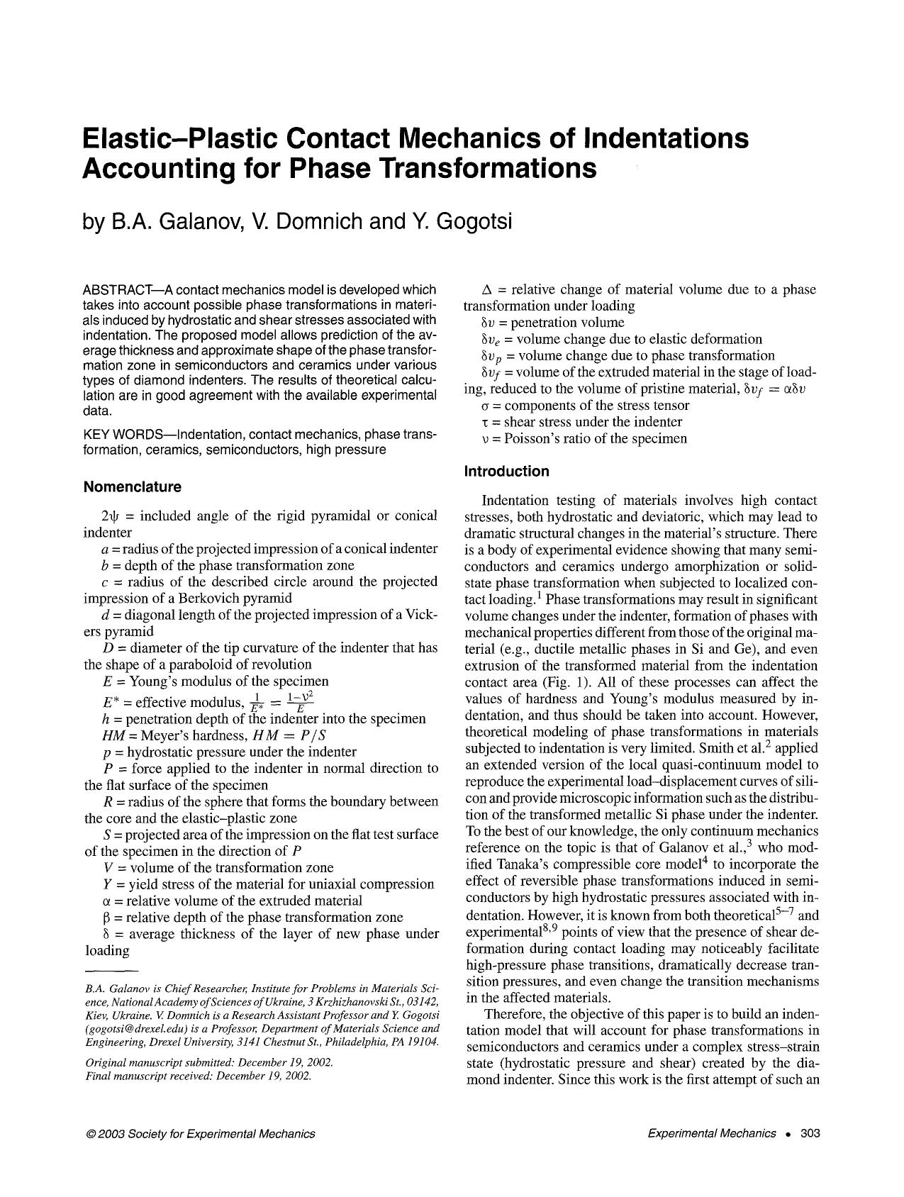 Elastic-plastic contact mechanics of indentations accounting for phase transformations by Unknown
