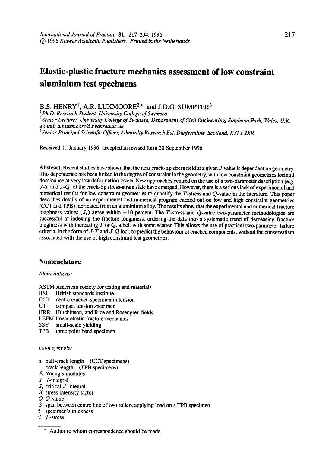 Elastic-plastic fracture mechanics assessment of low constraint aluminium test specimens by Unknown
