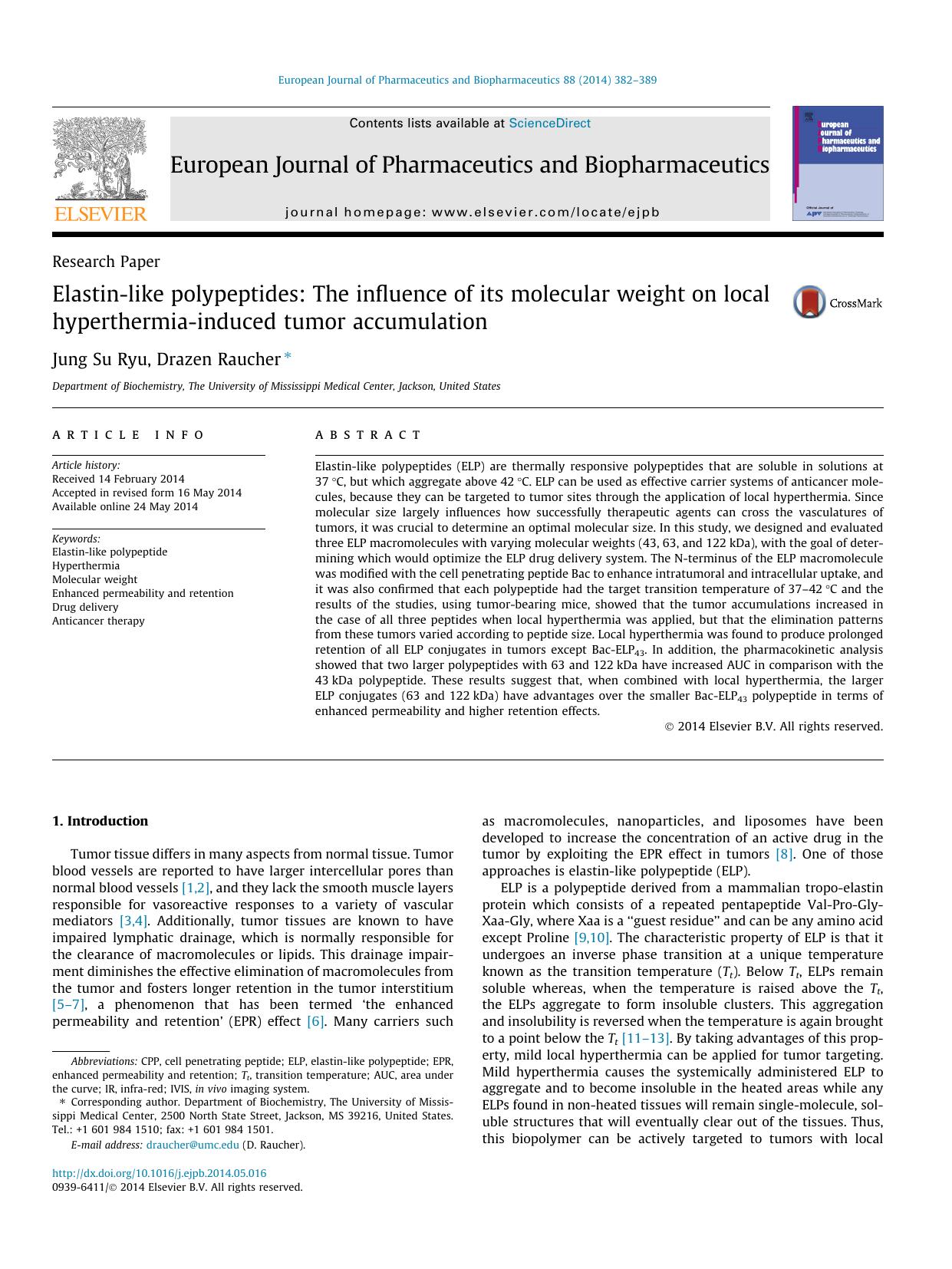Elastin-like polypeptides: The influence of its molecular weight on local hyperthermia-induced tumor accumulation by Jung Su Ryu & Drazen Raucher