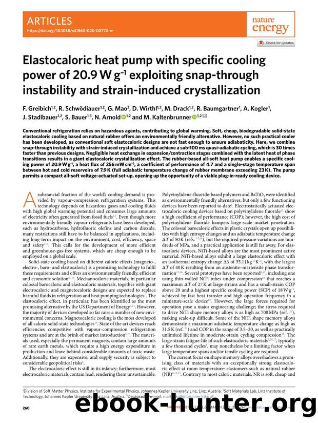 Elastocaloric heat pump with specific cooling power of 20.9âWâgâ1 exploiting snap-through instability and strain-induced crystallization by unknow