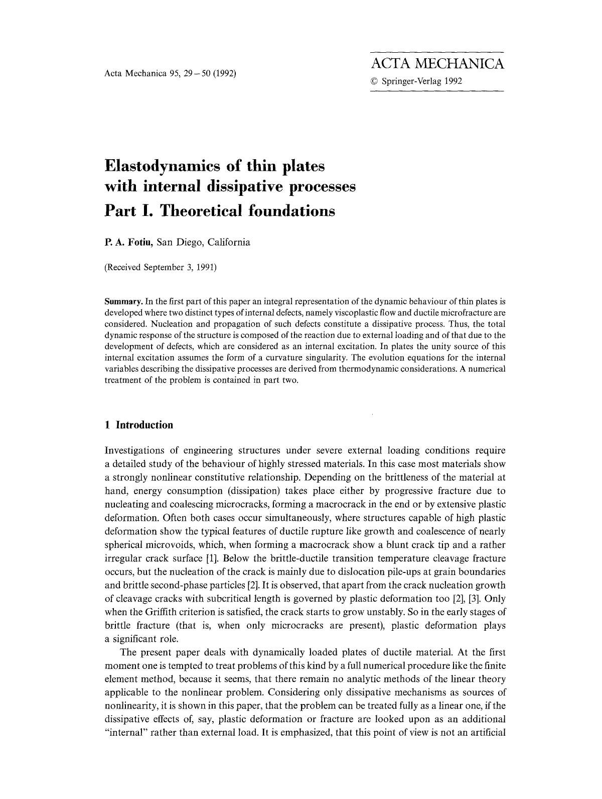 Elastodynamics of thin plates with internal dissipative processes Part I. Theoretical foundations by Unknown