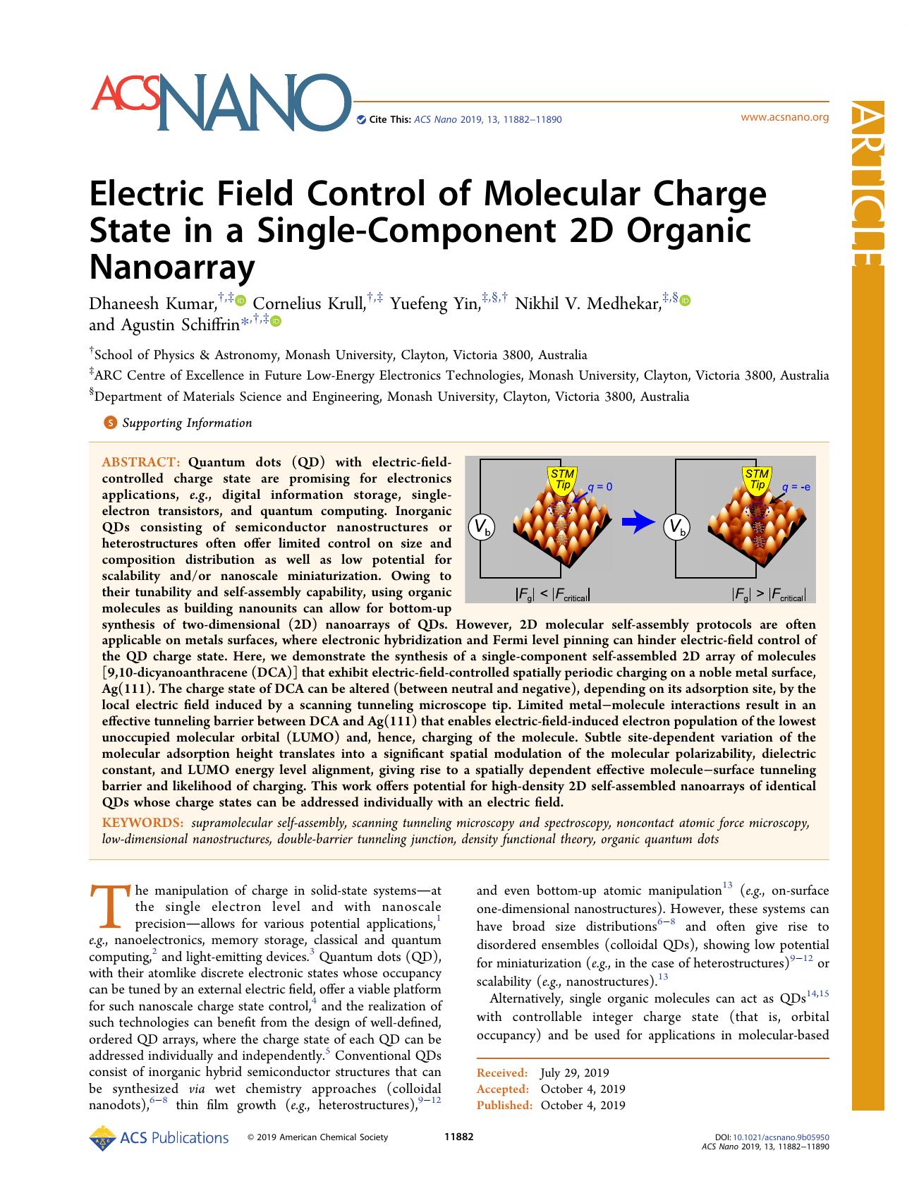 Electric Field Control of Molecular Charge State in a Single-Component 2D Organic Nanoarray by Dhaneesh Kumar Cornelius Krull Yuefeng Yin Nikhil V. Medhekar and Agustin Schiffrin