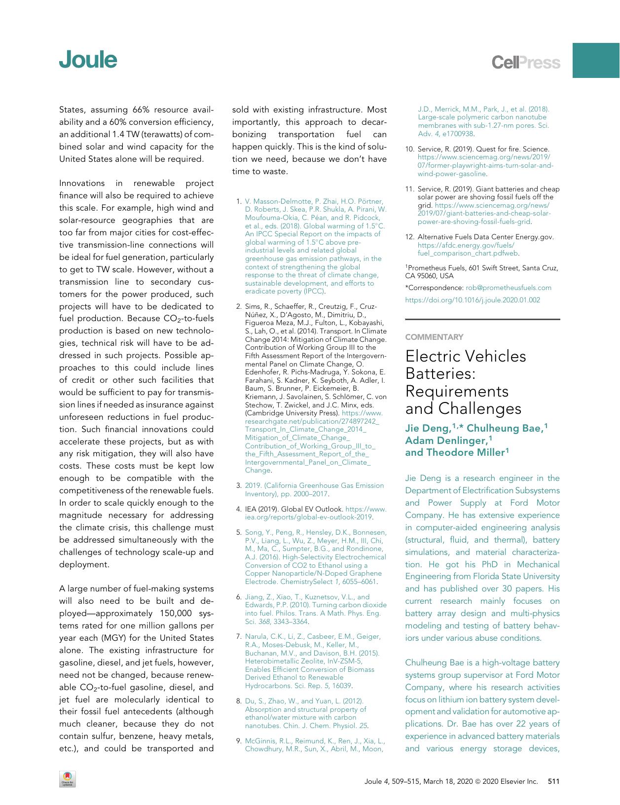 Electric Vehicles Batteries: Requirements and Challenges by Jie Deng & Chulheung Bae & Adam Denlinger & Theodore Miller