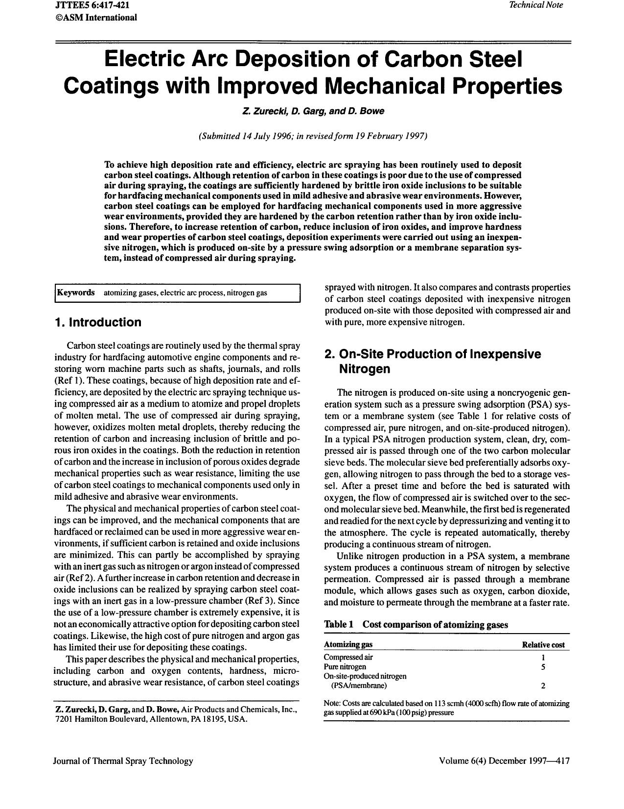 Electric arc deposition of carbon steel coatings with improved mechanical properties by Unknown