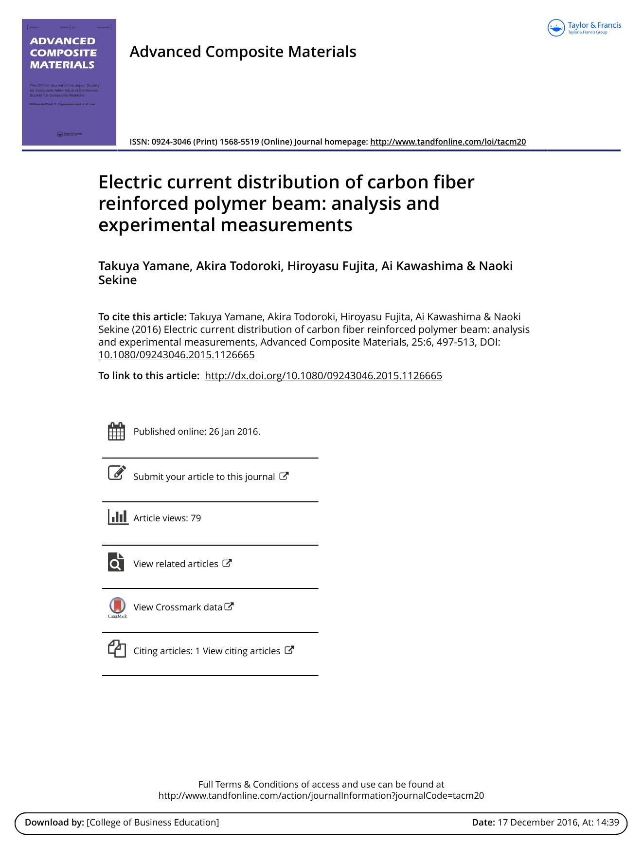 Electric current distribution of carbon fiber reinforced polymer beam: analysis and experimental measurements by Takuya Yamane & Akira Todoroki & Hiroyasu Fujita & Ai Kawashima & Naoki Sekine