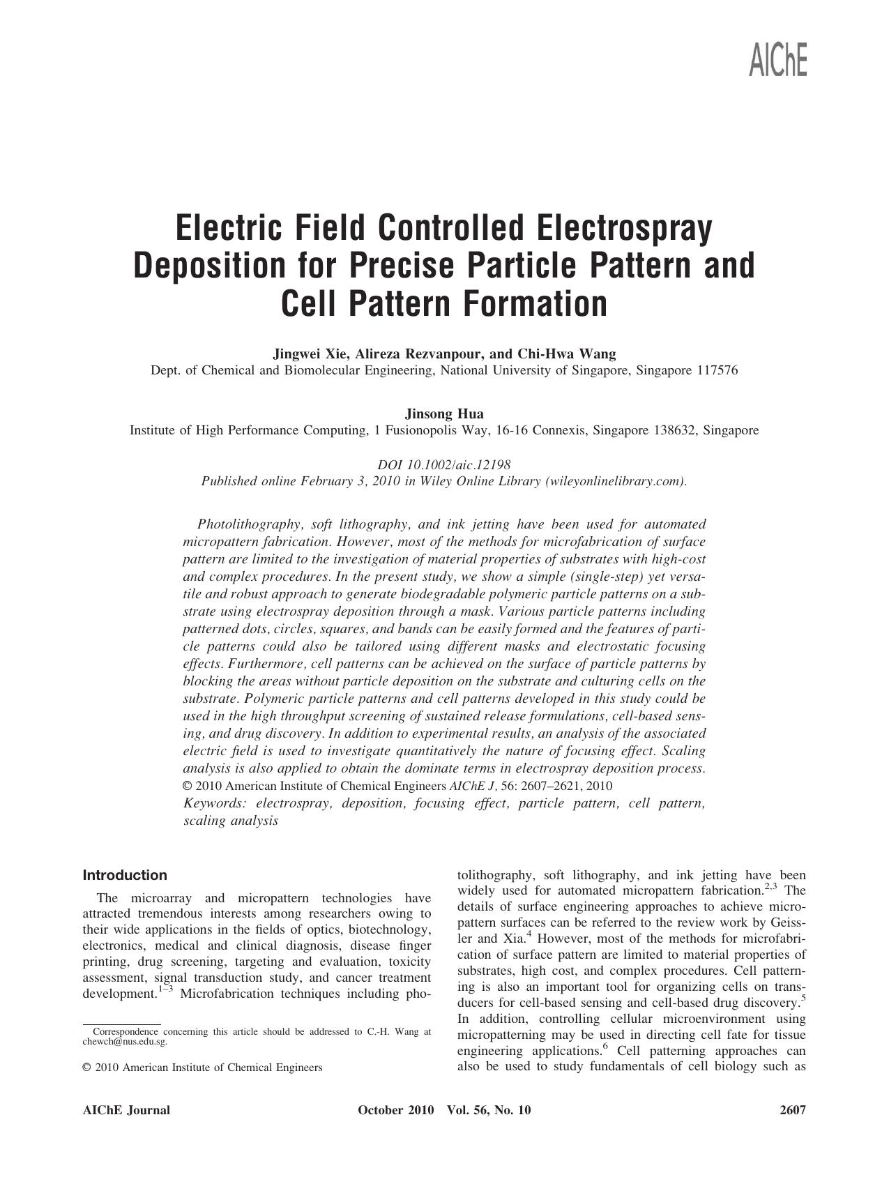 Electric field controlled electrospray deposition for precise particle pattern and cell pattern formation by Unknown