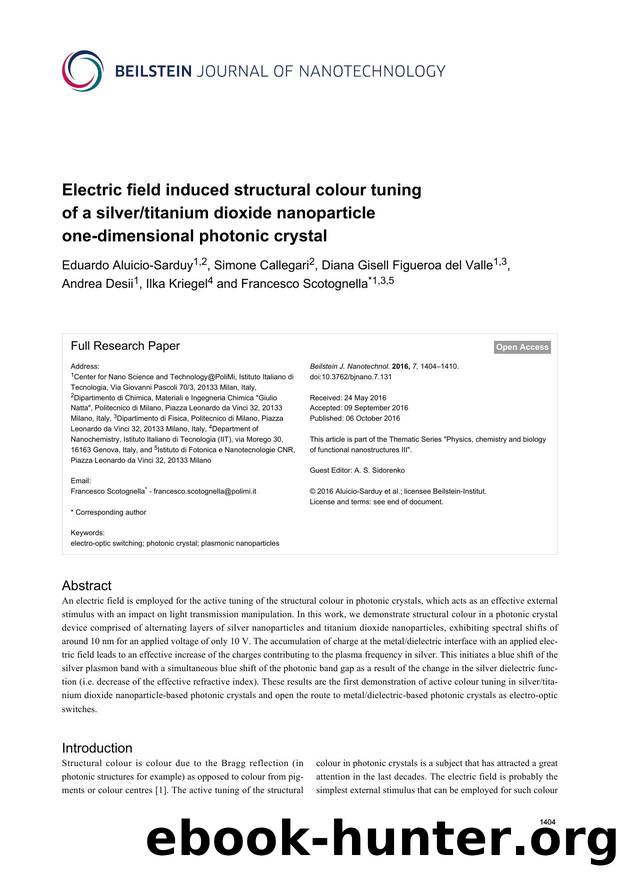 Electric field induced structural colour tuning of a silvertitanium dioxide nanoparticle one-dimensional photonic crystal by unknow
