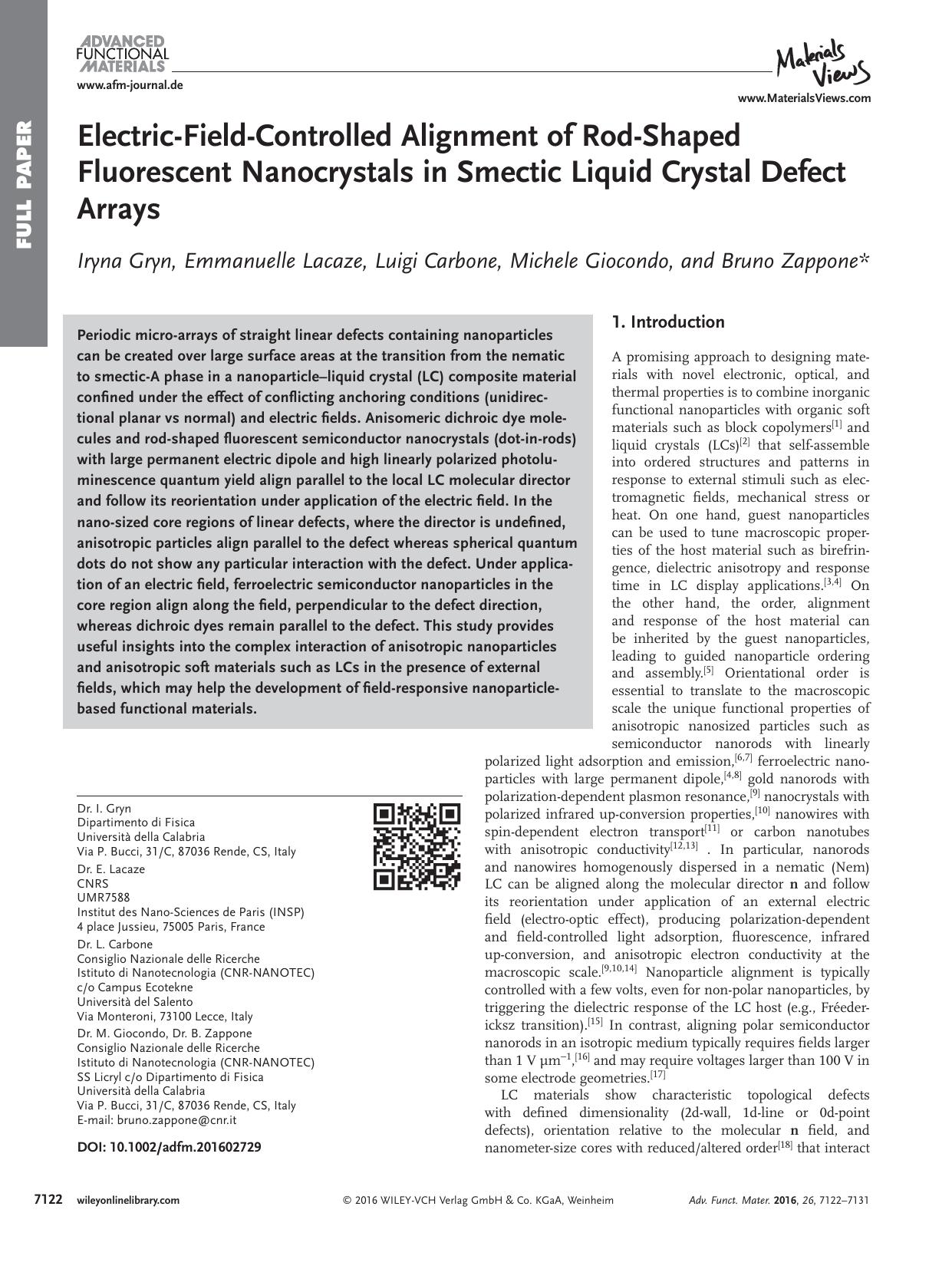 Electric‐Field‐Controlled Alignment of Rod‐Shaped Fluorescent Nanocrystals in Smectic Liquid Crystal Defect Arrays by Unknown
