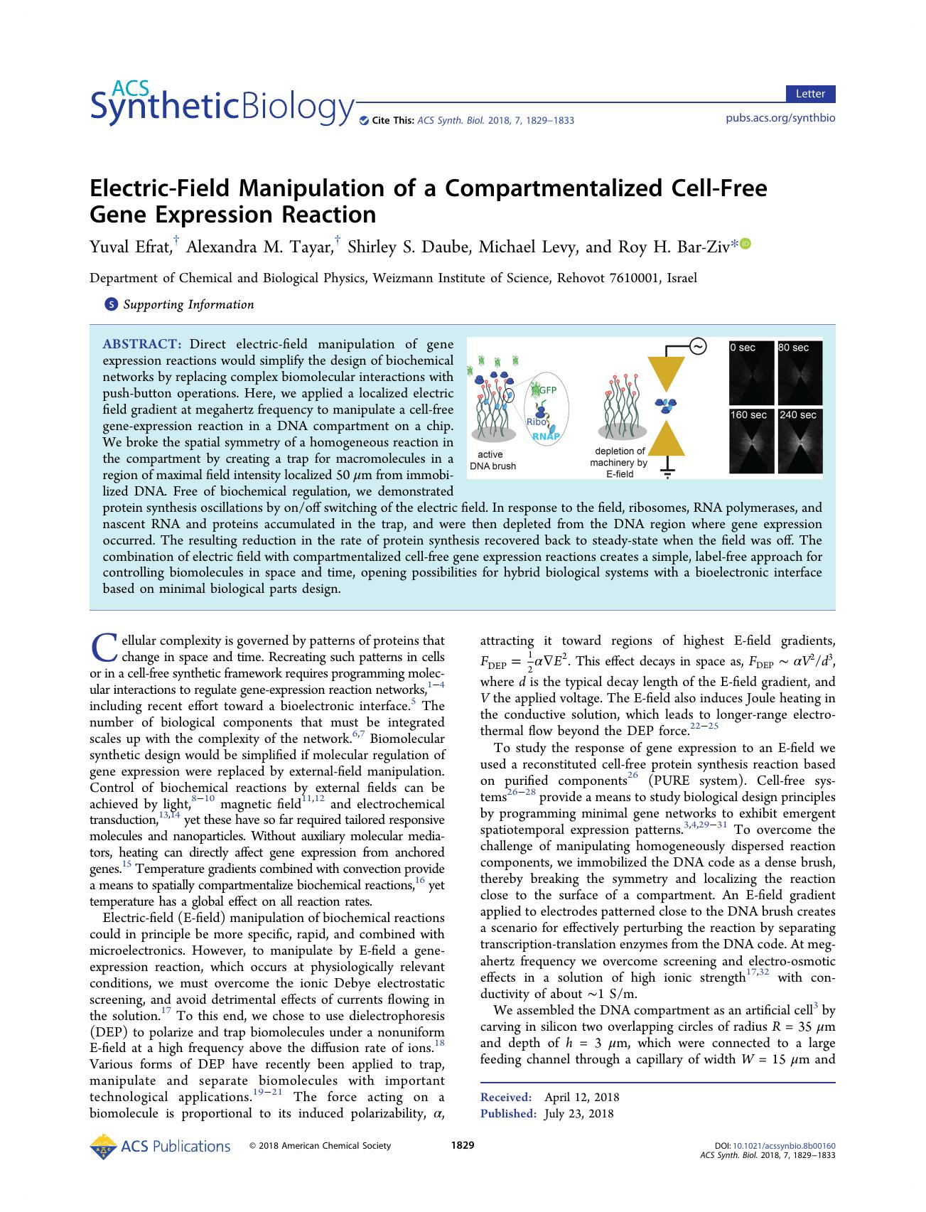 Electric-Field Manipulation of a Compartmentalized Cell-Free Gene Expression Reaction by Yuval Efrat Alexandra M. Tayar Shirley S. Daube Michael Levy and Roy H. Bar-Ziv