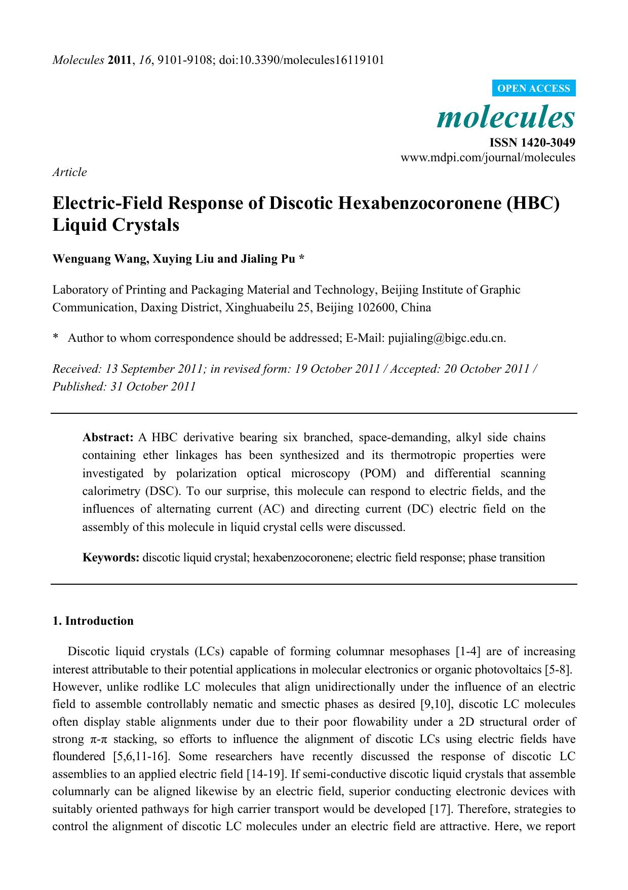 Electric-Field Response of Discotic Hexabenzocoronene (HBC) Liquid Crystals by Wenguang Wang Xuying Liu and Jialing Pu *