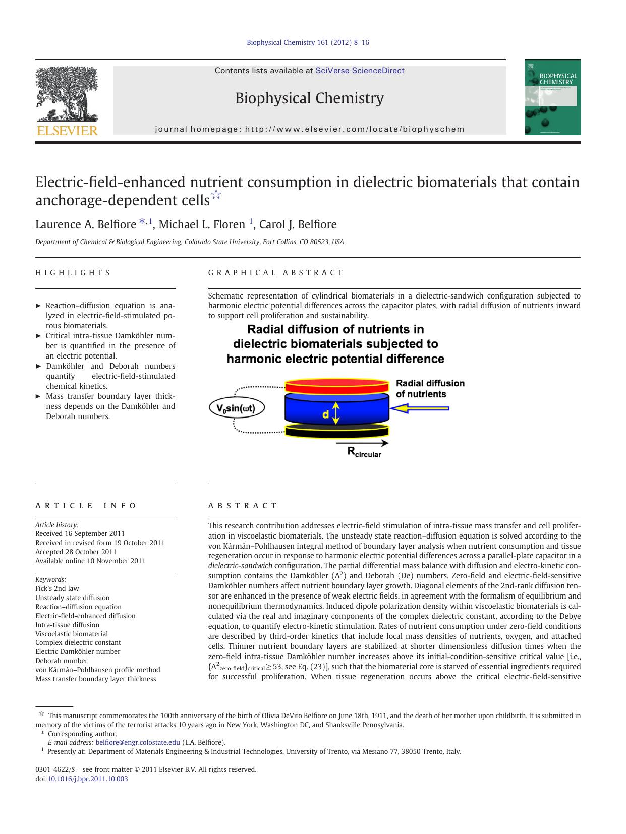 Electric-field-enhanced nutrient consumption in dielectric biomaterials that contain anchorage-dependent cells by Laurence A. Belfiore & Michael L. Floren & Carol J. Belfiore