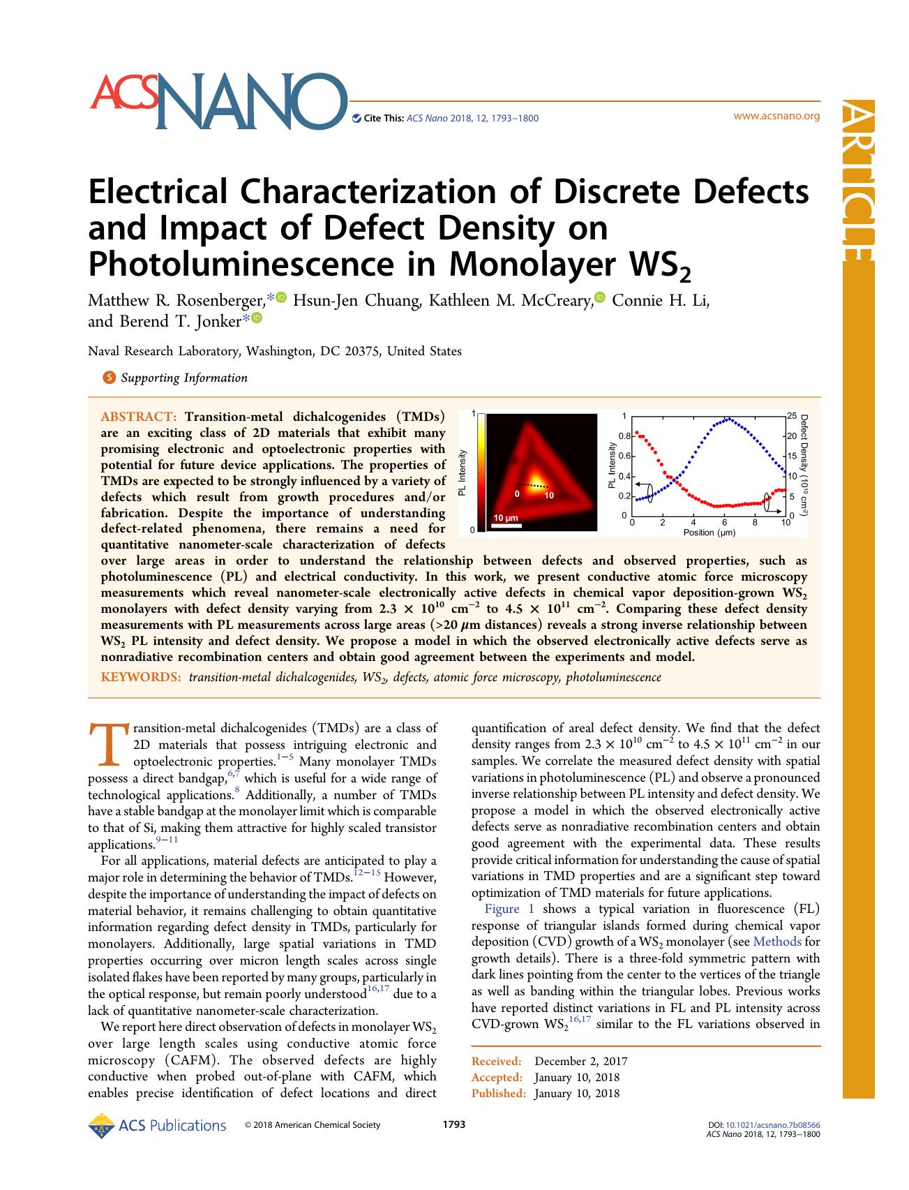 Electrical Characterization of Discrete Defects and Impact of Defect Density on Photoluminescence in Monolayer WS2 by Matthew R. Rosenberger Hsun-Jen Chuang Kathleen M. McCreary Connie H. Li and Berend T. Jonker