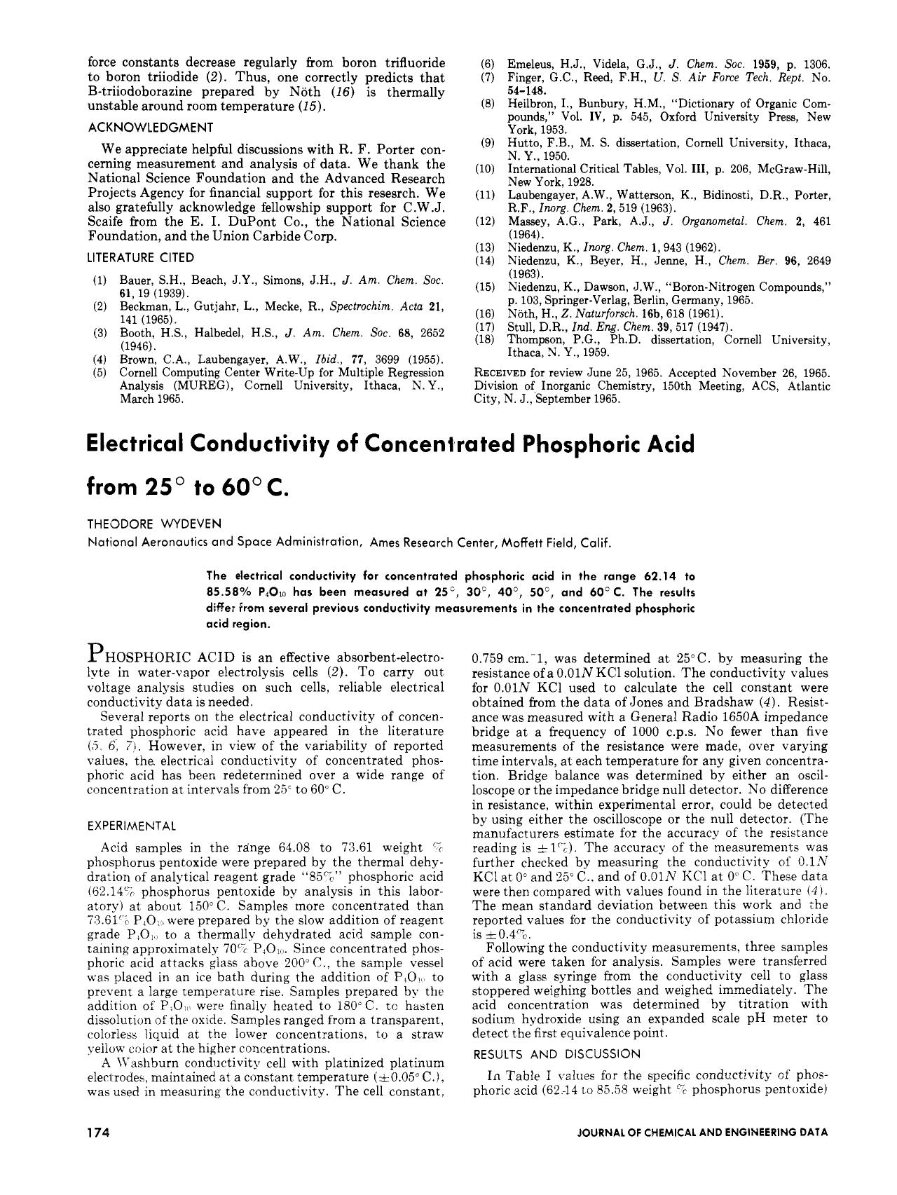 Electrical Conductivity of Concentrated Phosphoric Acid from 25Â° to 60Â° C. by Theodore Wydeven