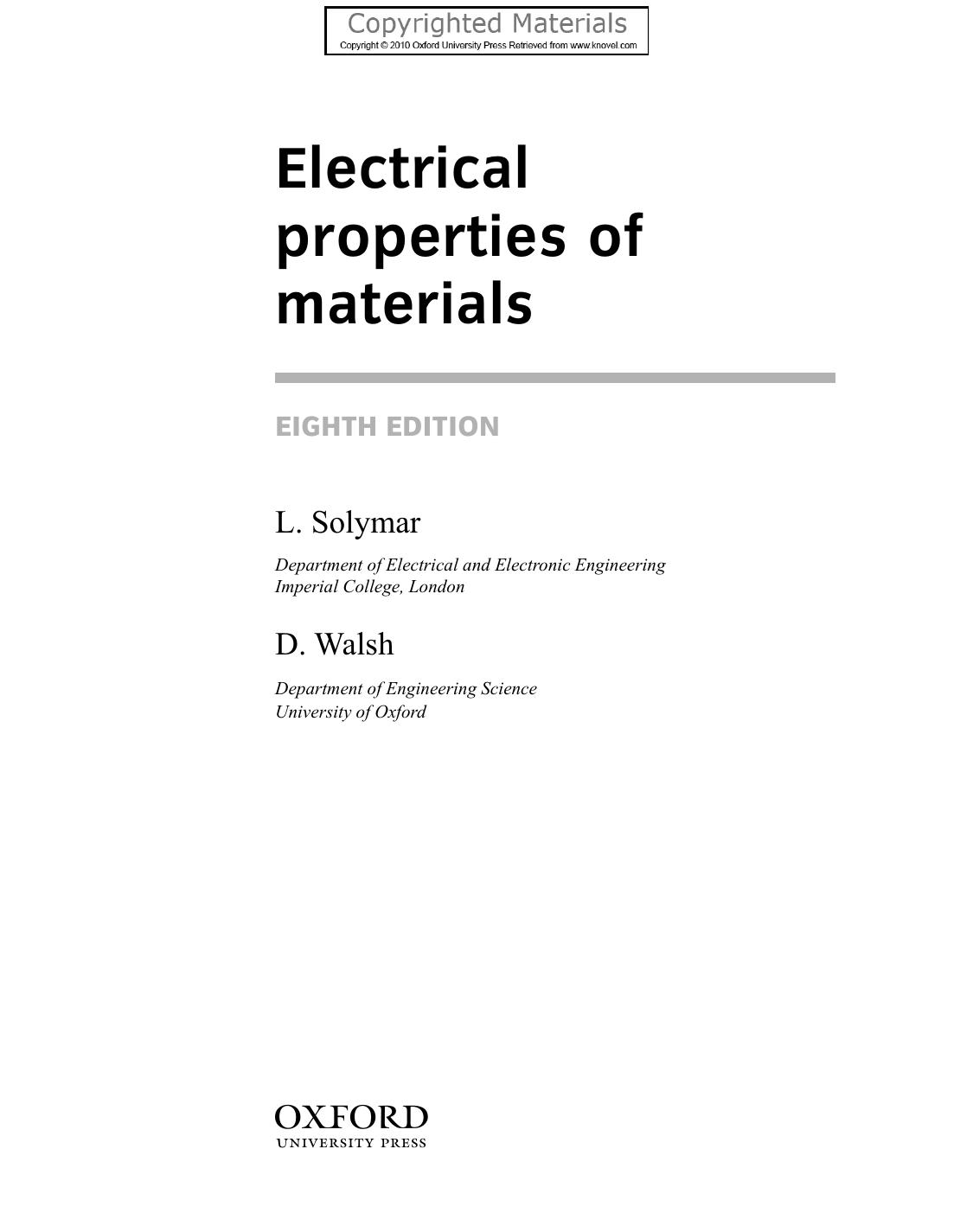 Electrical Properties of Materials by Laszlo Solymar Donald Walsh