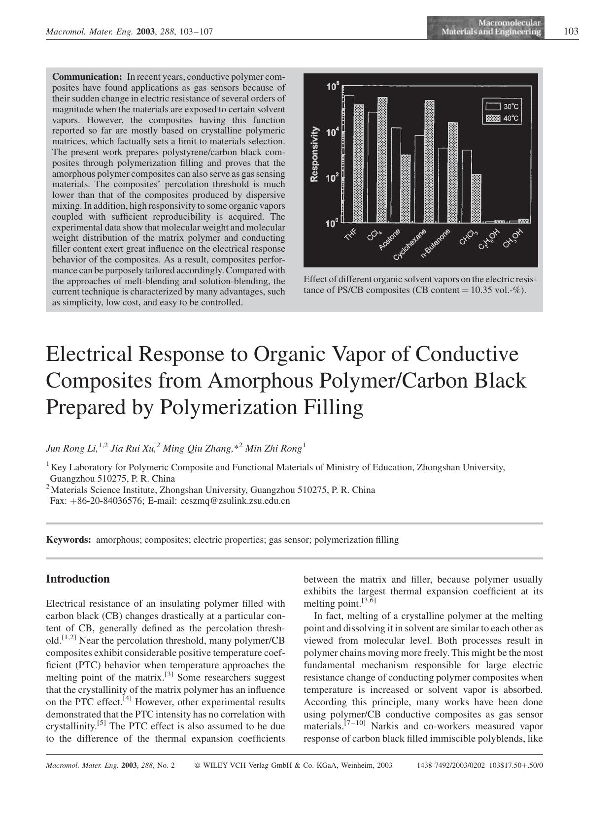 Electrical Response to Organic Vapor of Conductive Composites from Amorphous PolymerCarbon Black Prepared by Polymerization Filling by Unknown
