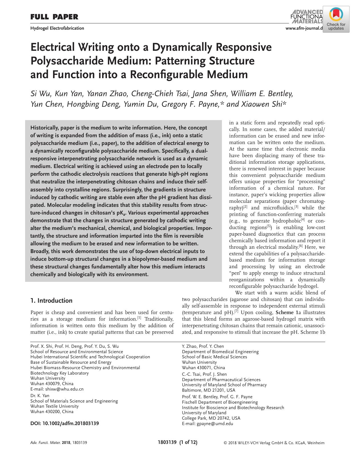 Electrical Writing onto a Dynamically Responsive Polysaccharide Medium: Patterning Structure and Function into a Reconfigurable Medium by Unknown