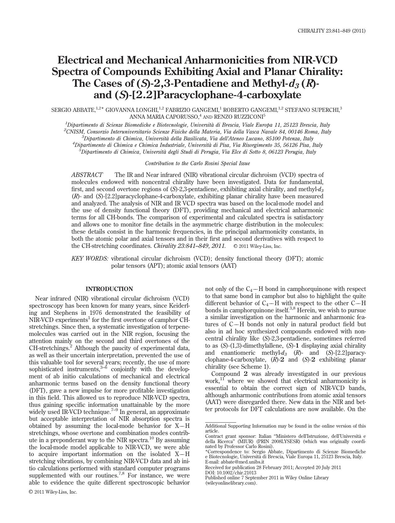 Electrical and mechanical anharmonicities from NIRVCD spectra of compounds exhibiting axial and planar chirality: The cases of (S)2,3pentadiene and methyld3 (R) and (S)[2.2]paracyclophane4carboxylate by Unknown