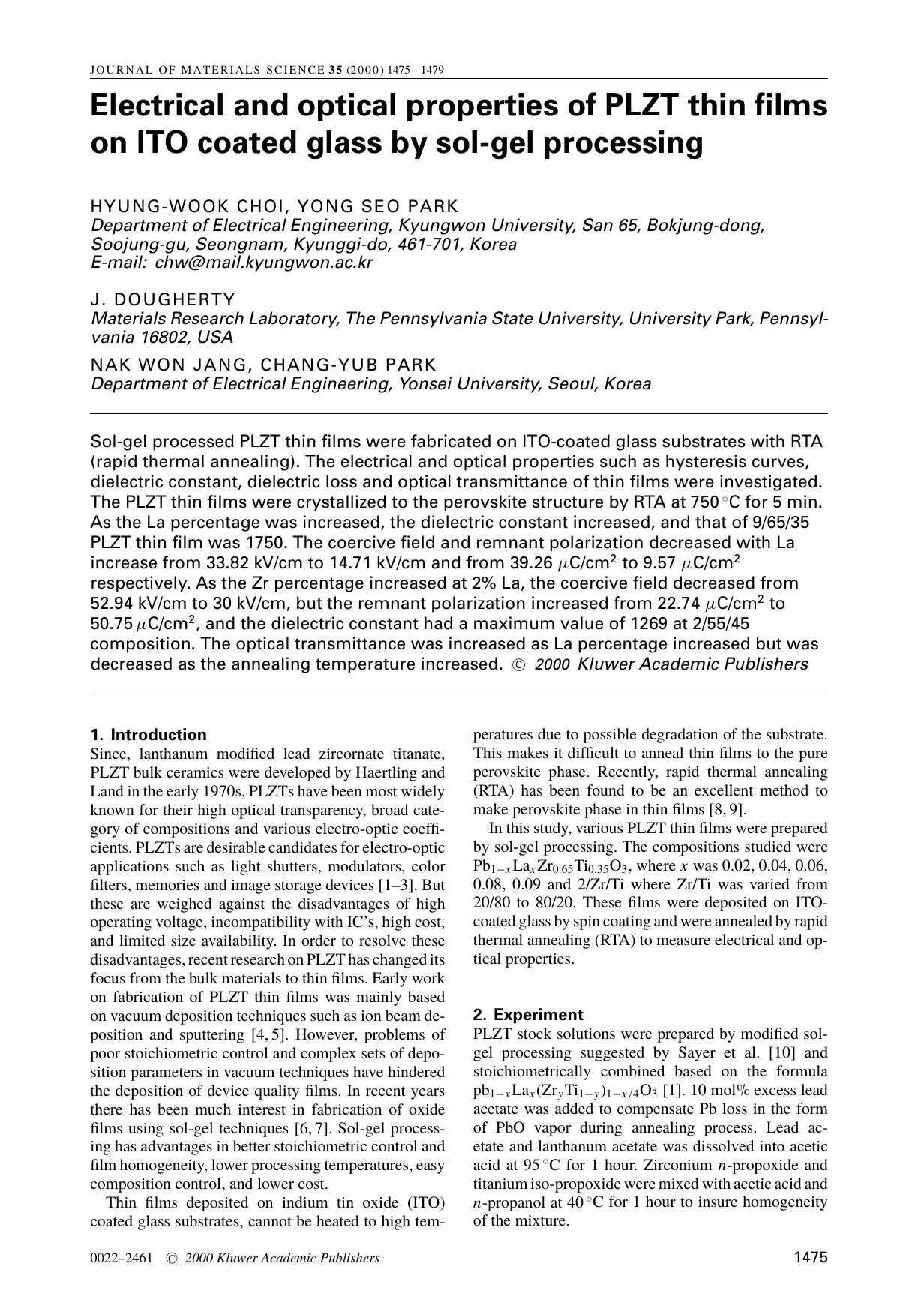 Electrical and optical properties of PLZT thin films on ITO coated glass by sol-gel processing by Unknown
