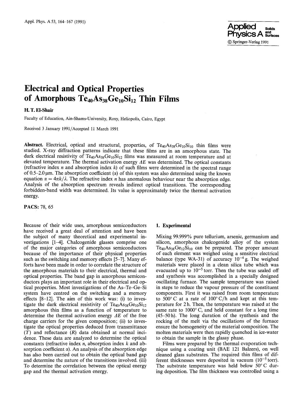 Electrical and optical properties of amorphous Te<Subscript>40<Subscript>As<Subscript>38<Subscript>Ge<Subscript>10<Subscript>Si<Subscript>12<Subscript> thin films by Unknown