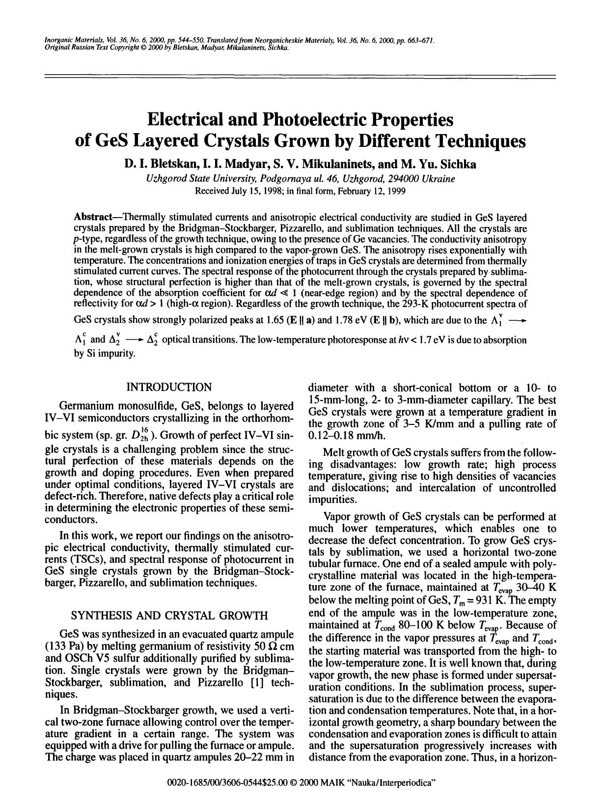 Electrical and photoelectric properties of GeS layered crystals grown by different techniques by Unknown